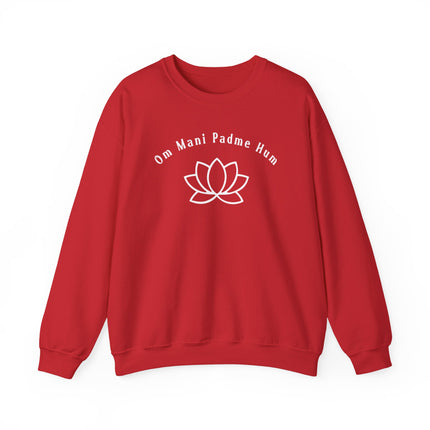 Red pullover with Om Mani Padme Hum mantra and lotus design.