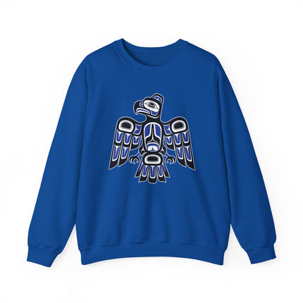 Indigenous raven formline art graphic on a blue unisex sweatshirt.