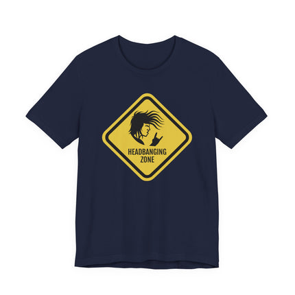 Headbanging Zone warning sign graphic tee for rock and heavy metal music fans.
