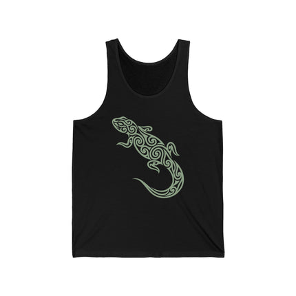 Tribal lizard swirl graphic art printed on a black tank top.