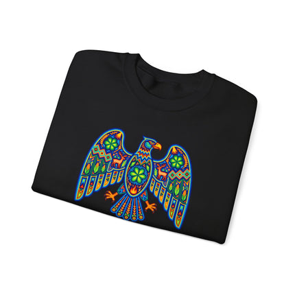 Colorful Huichol eagle sweatshirt featuring tribal Mexican folk art print on unisex pullover.