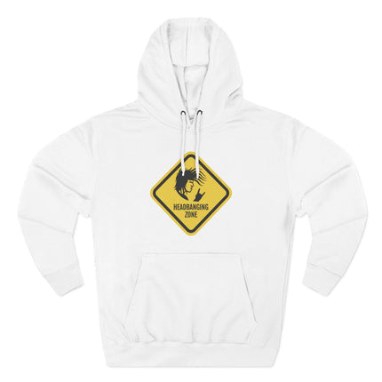 Headbanging Zone warning sign graphic on a white pullover hoodie for rock and metal music fans.