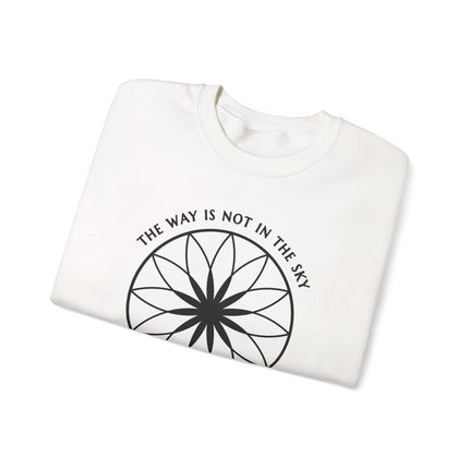 Spiritual flower mandala graphic on a cozy sweatshirt featuring "The Way Is In The Heart" text.