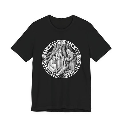 Norns weaving fate under Yggdrasil tree Norse mythology graphic tee.