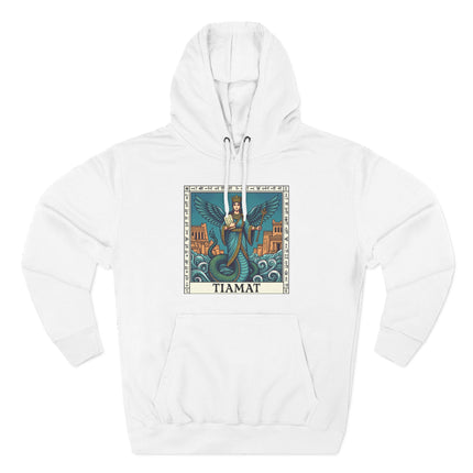 Tiamat Babylonian mythology goddess graphic on a white pullover hoodie.