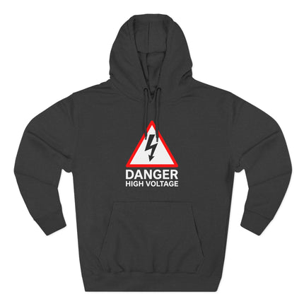 Danger high voltage warning sign graphic on a black pullover hoodie.