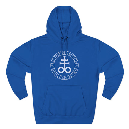 Blue pullover hoodie featuring a circular esoteric symbol design and occult glyphs.