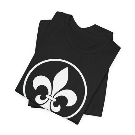 Black graphic t-shirt featuring a white circular Fleur de Lis emblem.