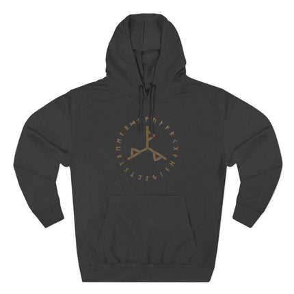 Black hoodie featuring a circular Futhark rune design and central Norse symbol.