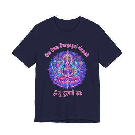 Vibrant Durga Goddess mandala art on a t-shirt featuring the Om Dum Durgayei Namah mantra.