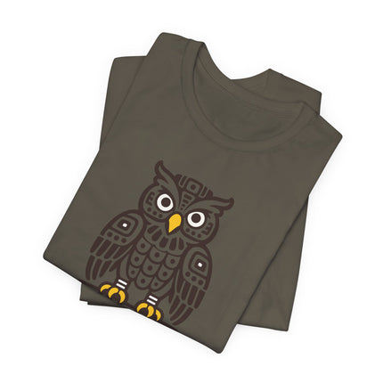 Mayan Owl T-Shirt | Rust Geometric Bird with Pale Circular Eyes Tee