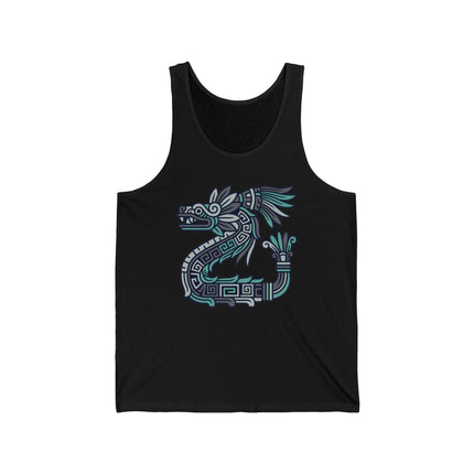 Feathered serpent Quetzalcoatl graphic design inspired by Aztec and Mayan mythology on a black tank top.