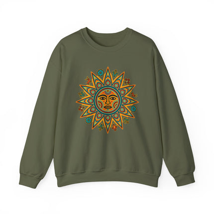 Mesoamerican sun god graphic on a green sweatshirt, featuring vibrant Huichol indigenous art.