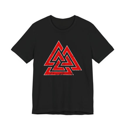 Red Valknut Viking symbol graphic tee shirt featuring Norse mythology design.