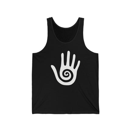 Black tank top with Hopi healing hand symbol and spiral graphic.