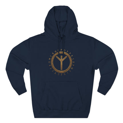 Norse Algiz rune and Elder Futhark circle design on a dark blue protective hoodie.