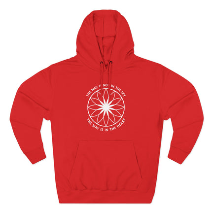 Red spiritual hoodie featuring a white mandala and the quote, "The Way Is In The Heart.