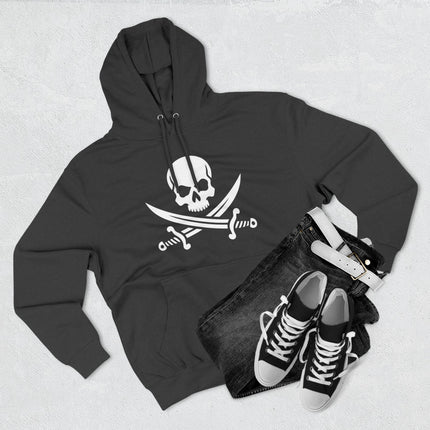 Pirate skull and crossed swords graphic on a black pullover hoodie.