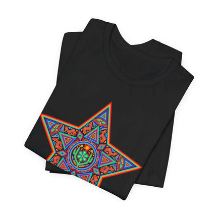 Colorful Huichol star graphic tee featuring vibrant Mexican indigenous geometric art print.