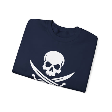 Pirate skull and crossed sabers graphic design for a swashbuckler sweatshirt.