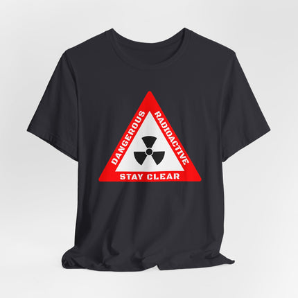 Black t-shirt featuring a dangerous radioactive warning sign and nuclear symbol graphic.
