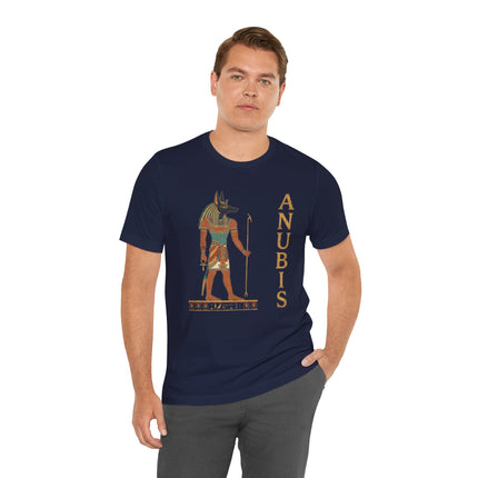 Anubis jackal god graphic tee featuring ancient Egyptian mythology art.