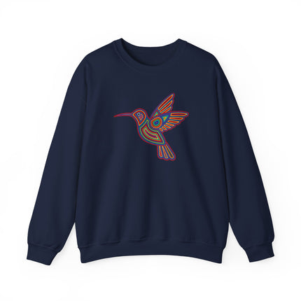 Vibrant Huichol hummingbird sweatshirt featuring geometric indigenous art design.