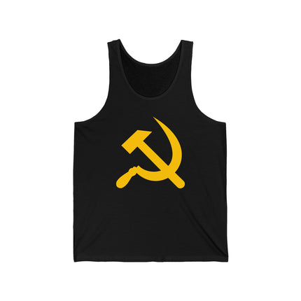 Yellow hammer and sickle socialist symbol graphic on black tank top.