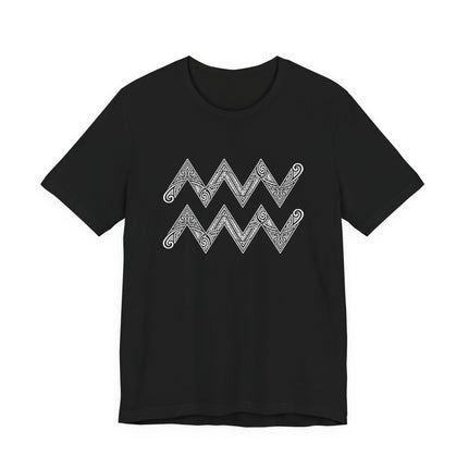 Black t-shirt with white Aquarius zodiac tribal chevron pattern graphic.