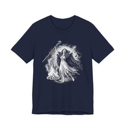 Celtic goddess Morrigan t-shirt art featuring ravens, fire, and a powerful pagan ritual design.
