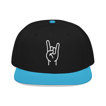 Black snapback cap featuring white embroidered rock hand sign on a light blue brim.