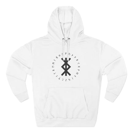 Norse rune graphic hoodie featuring Viking protection symbols and Futhark runes.