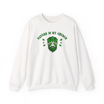 Nature Is My Church sweatshirt featuring a Green Man graphic, perfect for pagan, earth spirit, or nature lover apparel.