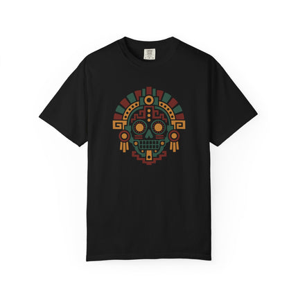 Aztec Mictlan Skull T-Shirt | Geometric Face in Green, Red, and Gold Tee