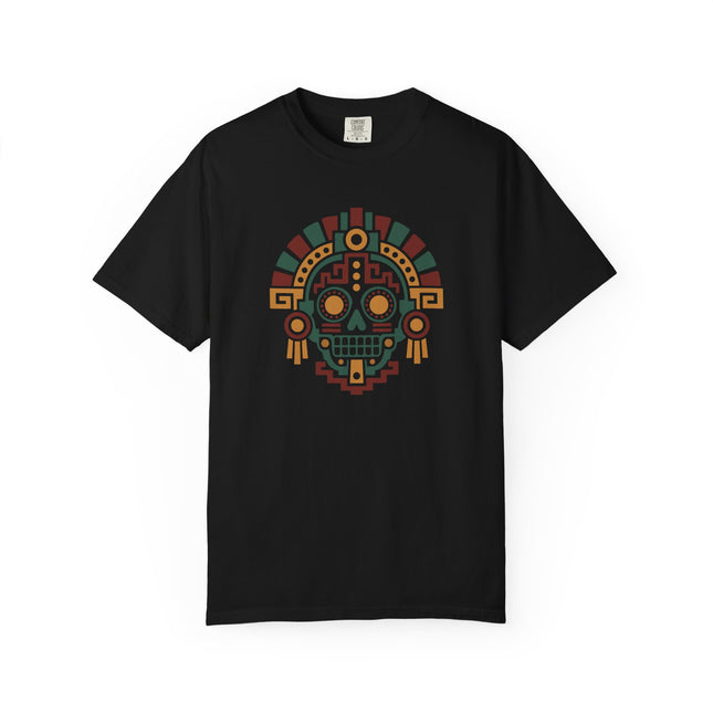 Aztec Mictlan Skull T-Shirt | Geometric Face in Green, Red, and Gold Tee