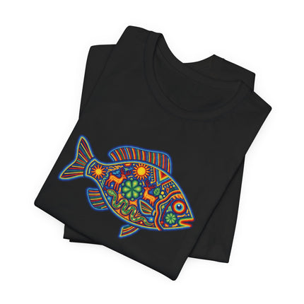 Vibrant Huichol Mexican folk art fish graphic tee shirt design.