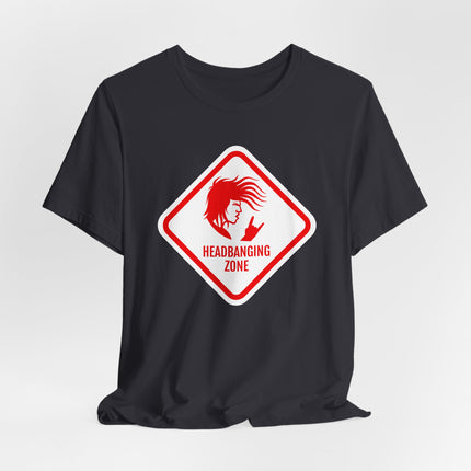 Black t-shirt with "Headbanging Zone" rock graphic, featuring a metalhead silhouette design.