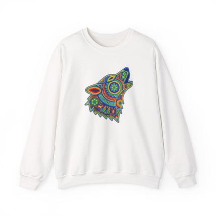 Rainbow huichol wolf howling tribal art geometric print pullover sweatshirt design.