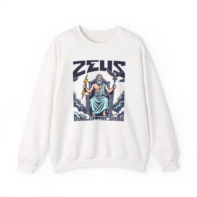 Zeus, King of the Gods, graphic sweatshirt featuring Greek mythology and a lightning bolt.
