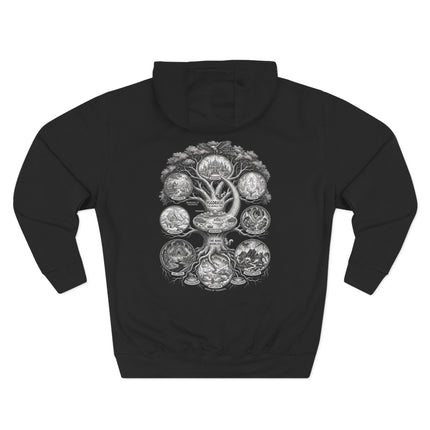 Norse Mythology Yggdrasil World Tree print on a black hoodie, depicting the Nine Worlds.