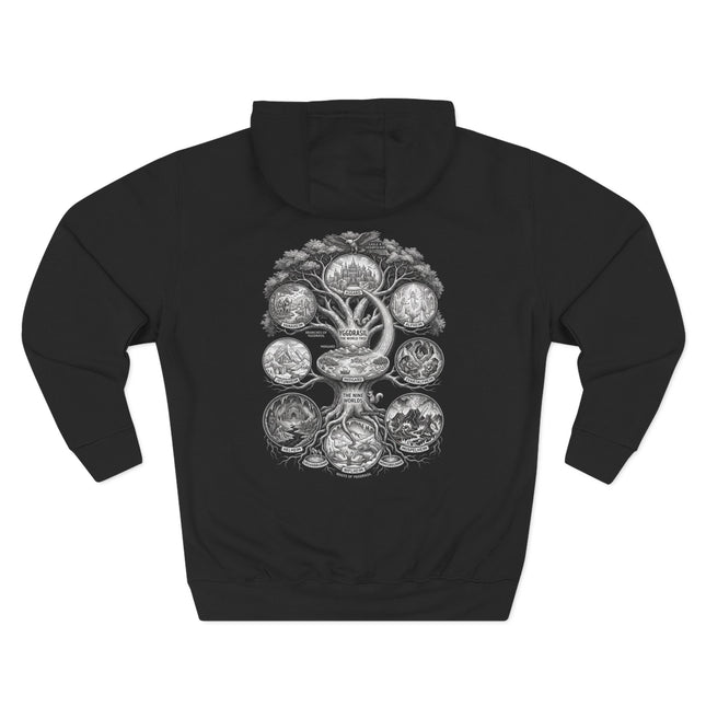 Norse Mythology Yggdrasil World Tree print on a black hoodie, depicting the Nine Worlds.