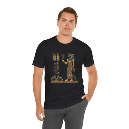 Egyptian Bastet goddess t-shirt graphic featuring ancient hieroglyphs and cultural mythology art.