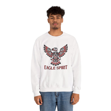 Tribal eagle art graphic and "EAGLE SPIRIT" text on a white pullover sweatshirt.