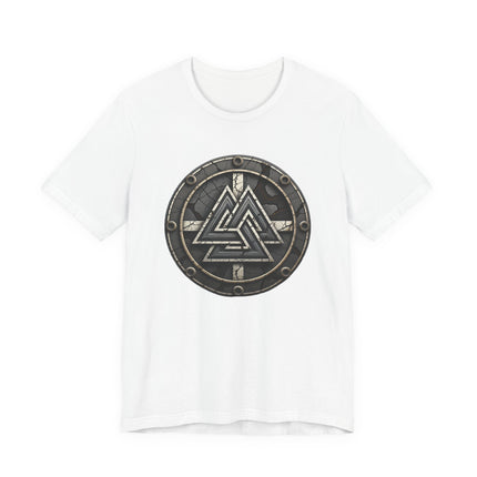 Norse Valknut symbol graphic tee shirt featuring a circular Viking mythology design.