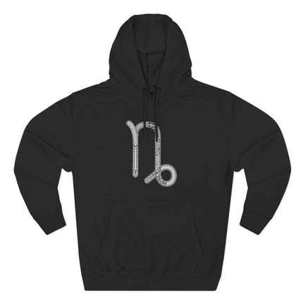 Ornate Capricorn zodiac symbol on a black pullover hoodie.