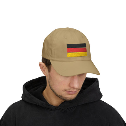 Tan baseball cap featuring embroidered German flag. German national pride accessory for casual wear.