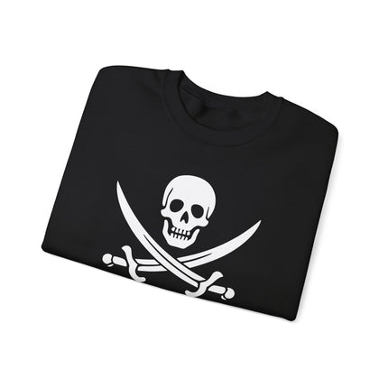 Black pirate skull and sabers graphic sweatshirt featuring jolly roger design.