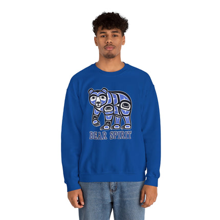 Blue sweatshirt featuring stylized formline art bear graphic and "Bear Spirit" text.