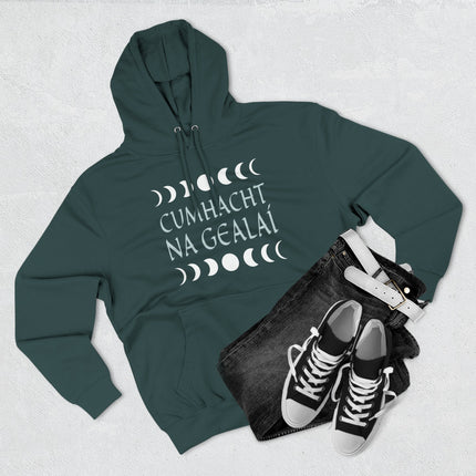 Celestial hoodie featuring Irish Gaelic text and moon phases, symbolizing lunar power and cycles.