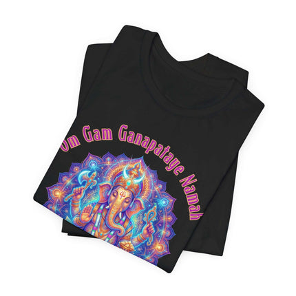 Psychedelic Ganesha mandala t-shirt with Om Gam Ganapataye Namah mantra.